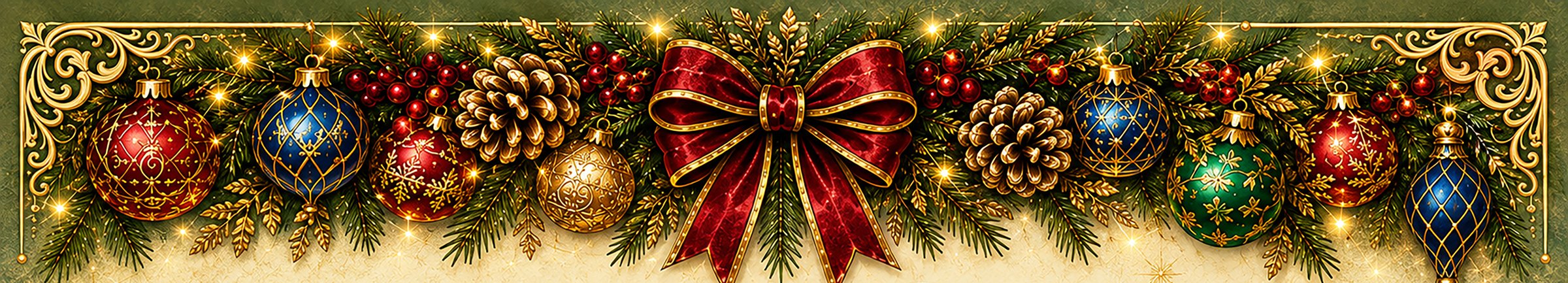 Garland of evergreen, pinecones, berries and jeweled ornaments with a red velvet bow